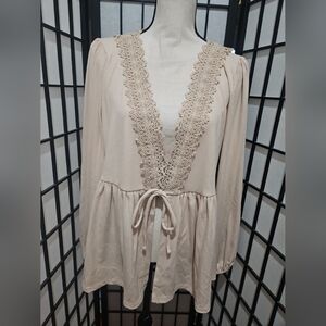 NWT TORRID Size 1 (1X) Beigh Supersoft Rib V-Neck Tie Front Long Sleeve